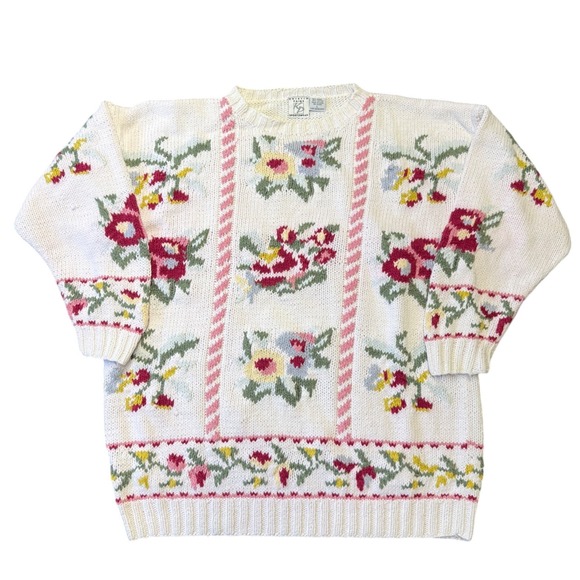 Kristin Paige Sportswear Sweaters - Vintage Kristin Paige floral knit sweater L cottagecore ramie cotton tapestry